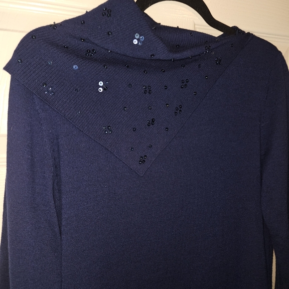 NWT! Wool Sweater Nurture Women's Medium Navy Blue Sequins Neckline NEW - Picture 3 of 11